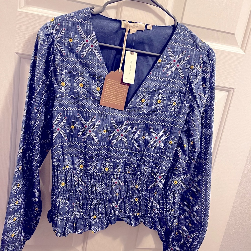 NWT ANTHROPOLOGIE Forever That Girl Embroidered Smocked Waist Top Medium